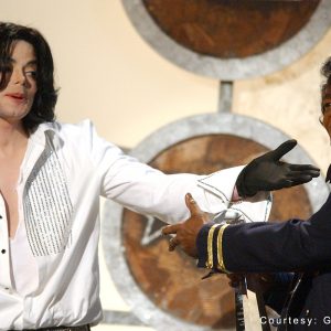 Michael Jackson presents James Brown with BET Lifetime Achievement Award on June 24, 2003.