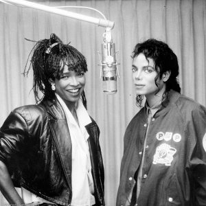 Michael Jackson and Siedah Garrett during the recording of “I Just Can’t Stop Loving You,” their #1 hit duet from the Bad album.