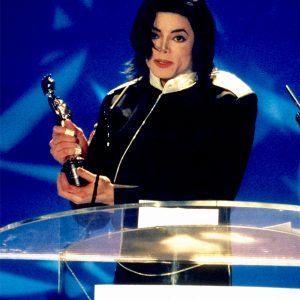 Michael Jackson accepts award at the 1996 BRIT Awards on February 19, 1996.