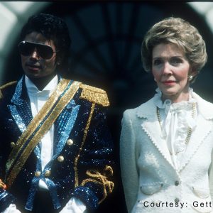 Michael Jackson and First Lady Nancy Reagan stand at a White House ceremony on May 14, 1984 where President Ronald Reagan presented Michael with the Presidential Public Safety Commendation for allowing "Beat It" to be used in a public service campaign against drunk driving.