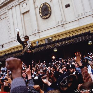 Michael Jackson waves to fans outside Madame Tussauds wax museum, London, on March 28, 1985